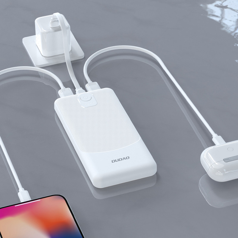 Power bank Dudao K10 de 10000 mAh, 2 x USB-A, 2,4 A, branco