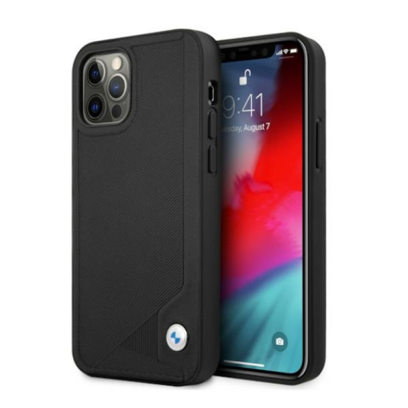 BMW BMHCP12LRCDPK Apple iPhone 12 Pro Max capa rígida Leather Deboss, preto