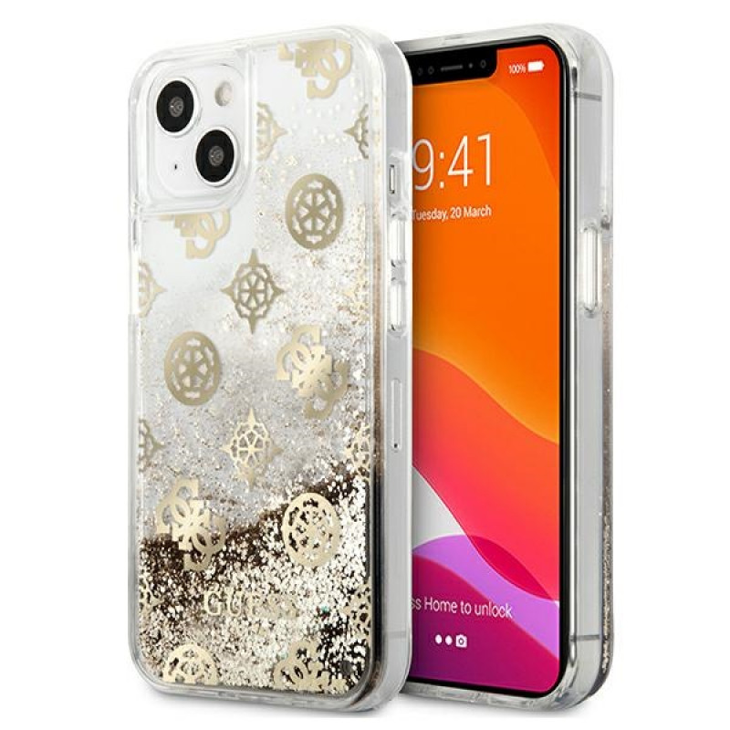 Guess GUHCP13SLGPEGO Capa rígida Apple iPhone 13 mini Peony Liquid Glitter, dourada
