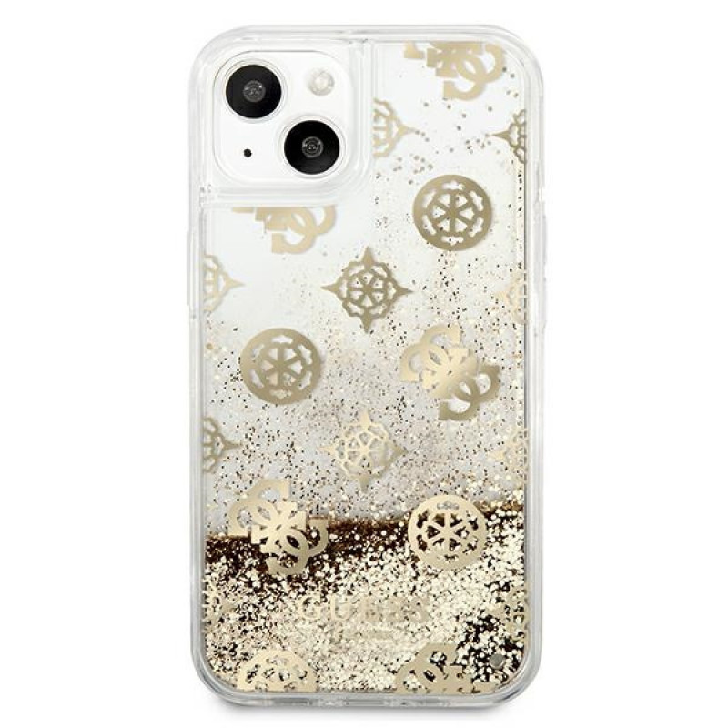 Guess GUHCP13SLGPEGO Capa rígida Apple iPhone 13 mini Peony Liquid Glitter, dourada