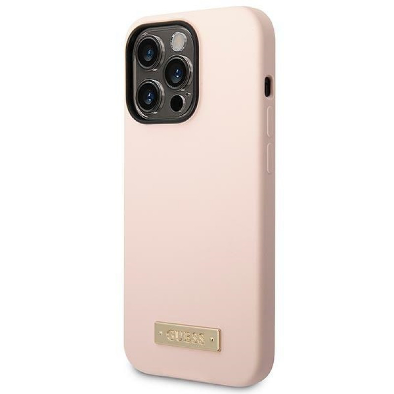 Capa Guess Silicone Metal Logo compatível com MagSafe para Apple iPhone 14 Pro, rosa