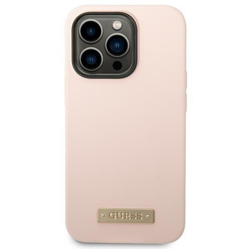 Capa Guess Silicone Metal Logo compatível com MagSafe para Apple iPhone 14 Pro, rosa