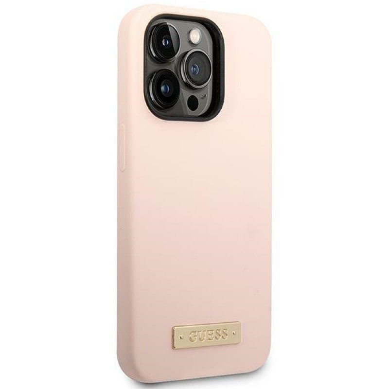 Capa Guess Silicone Metal Logo compatível com MagSafe para Apple iPhone 14 Pro, rosa