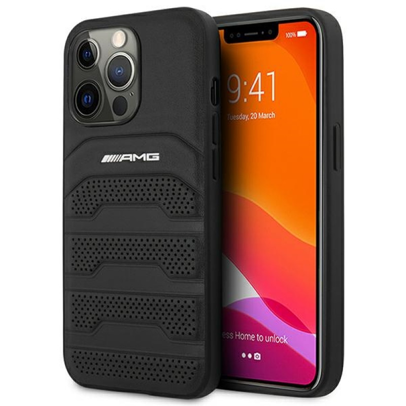 Mercedes-AMG AMHCP14LGSEBK Capa rígida Apple iPhone 14 Pro, Leather Debossed Lines, preta
