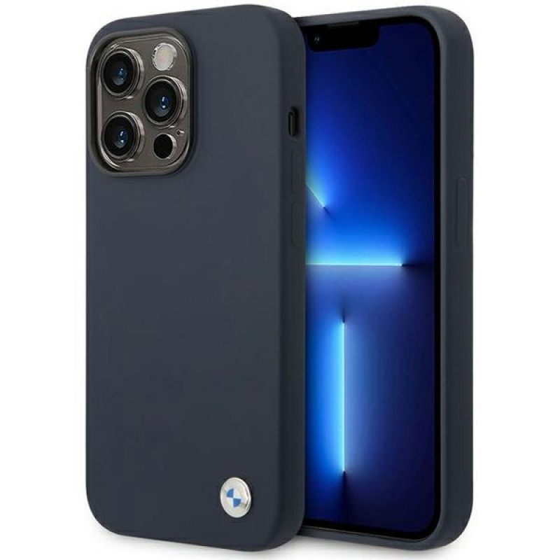 BMW BMHMP14XSILNA Capa Apple iPhone 14 Pro Max, Silicone Metal Logo MagSafe, azul-marinho