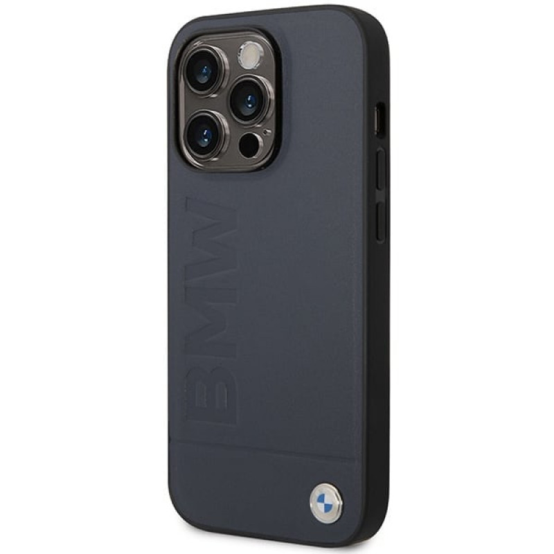 BMW BMHMP14XSLLNA capa rígida Apple iPhone 14 Pro Max, Leather Hot Stamp MagSafe, azul-marinho