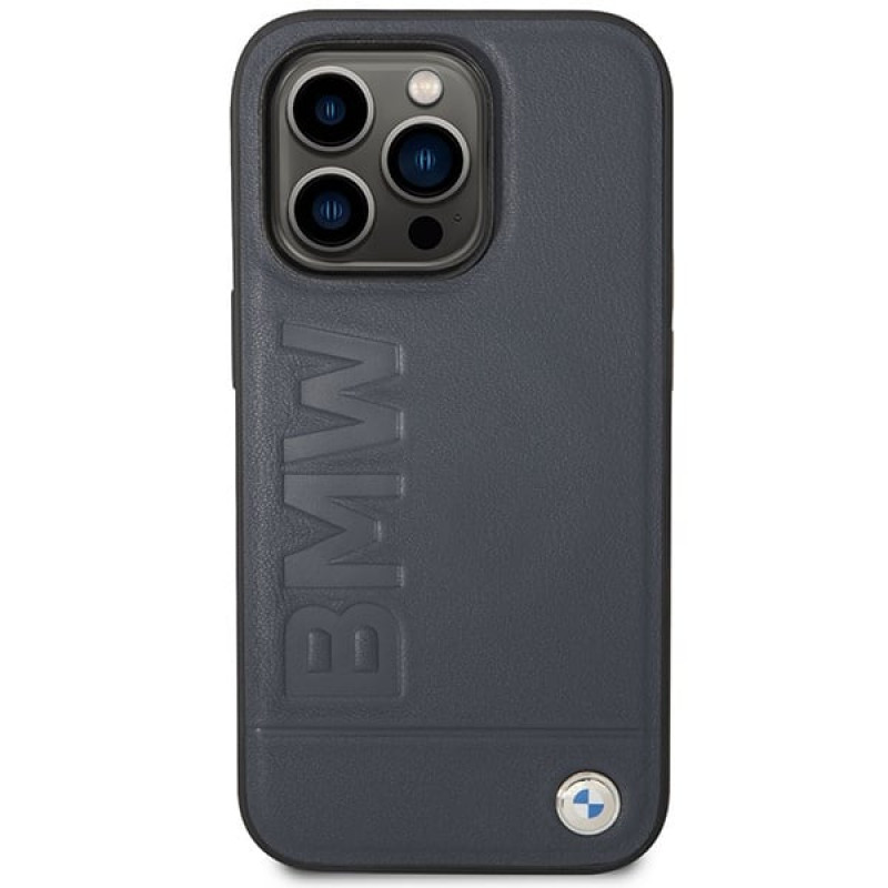 BMW BMHMP14XSLLNA capa rígida Apple iPhone 14 Pro Max, Leather Hot Stamp MagSafe, azul-marinho