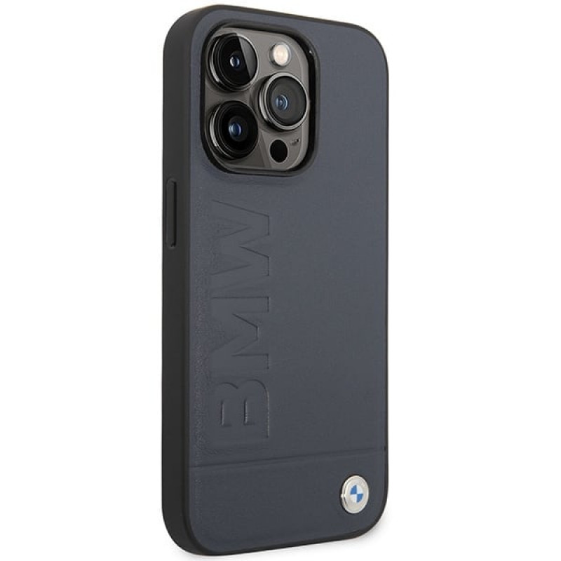 BMW BMHMP14XSLLNA capa rígida Apple iPhone 14 Pro Max, Leather Hot Stamp MagSafe, azul-marinho