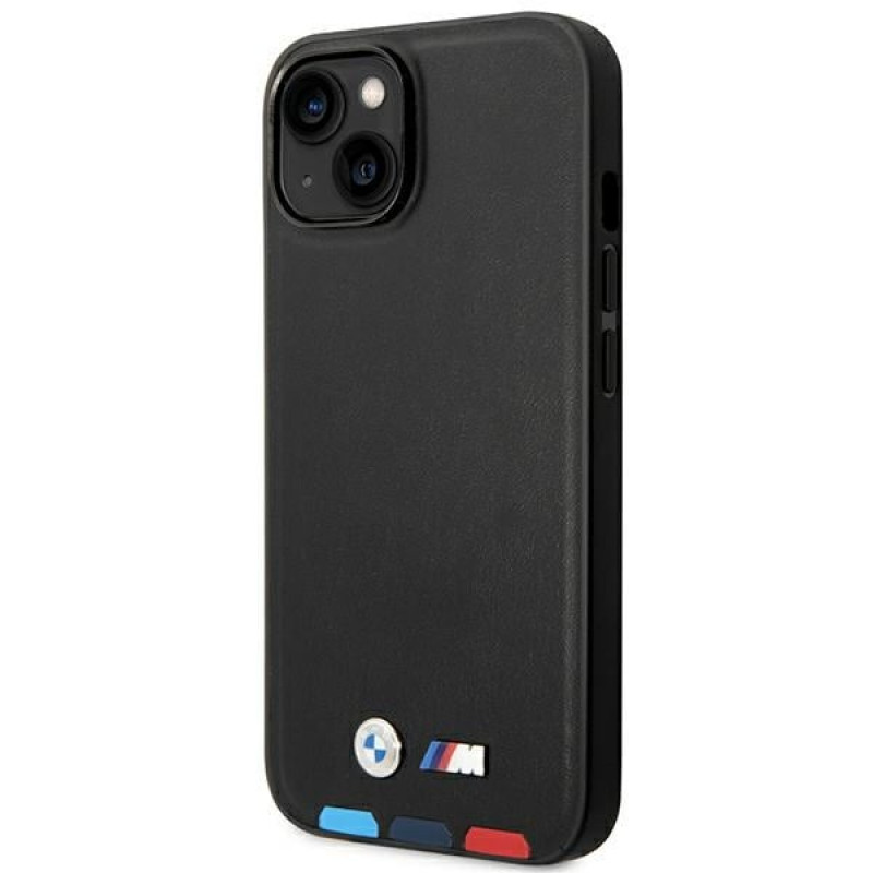 Capa BMW BMHMP14S22PTDK para Apple iPhone 14, Leather Stamp Tricolor MagSafe, preta