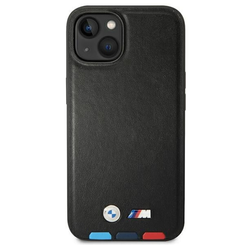 Capa BMW BMHMP14S22PTDK para Apple iPhone 14, Leather Stamp Tricolor MagSafe, preta
