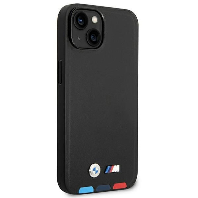 Capa BMW BMHMP14S22PTDK para Apple iPhone 14, Leather Stamp Tricolor MagSafe, preta