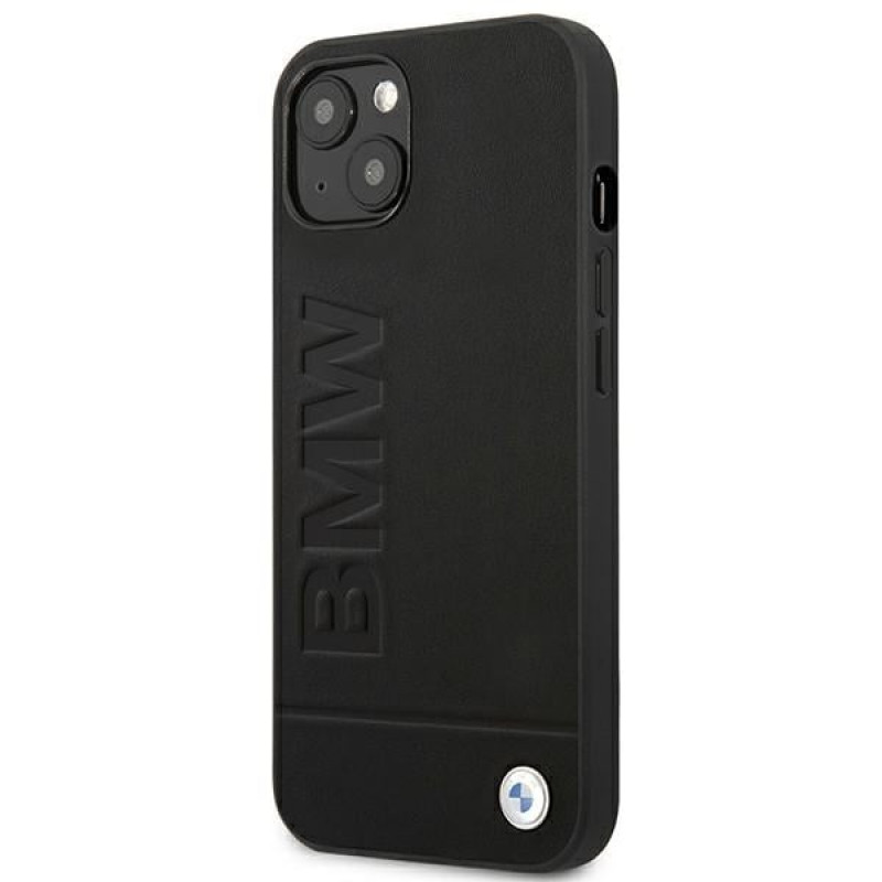 Capa BMW BMHCP14MSLLBK para Apple iPhone 14 Plus / 15 Plus, Leather Stamp, preta