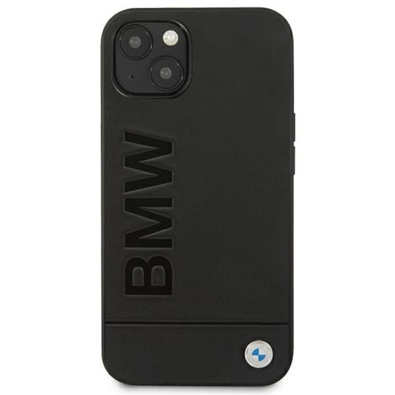 Capa BMW BMHCP14MSLLBK para Apple iPhone 14 Plus / 15 Plus, Leather Stamp, preta