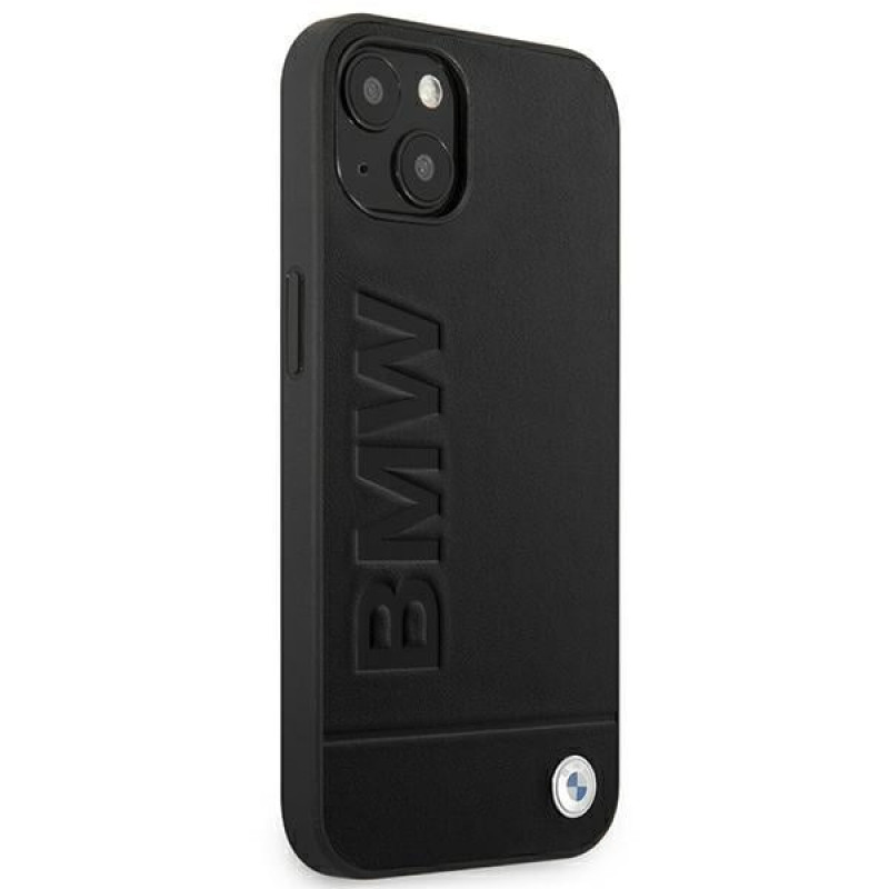 Capa BMW BMHCP14MSLLBK para Apple iPhone 14 Plus / 15 Plus, Leather Stamp, preta