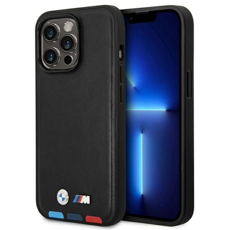 Capa BMW BMHMP14X22PTDK para Apple iPhone 14 Pro Max, Leather Stamp Tricolor MagSafe, preta