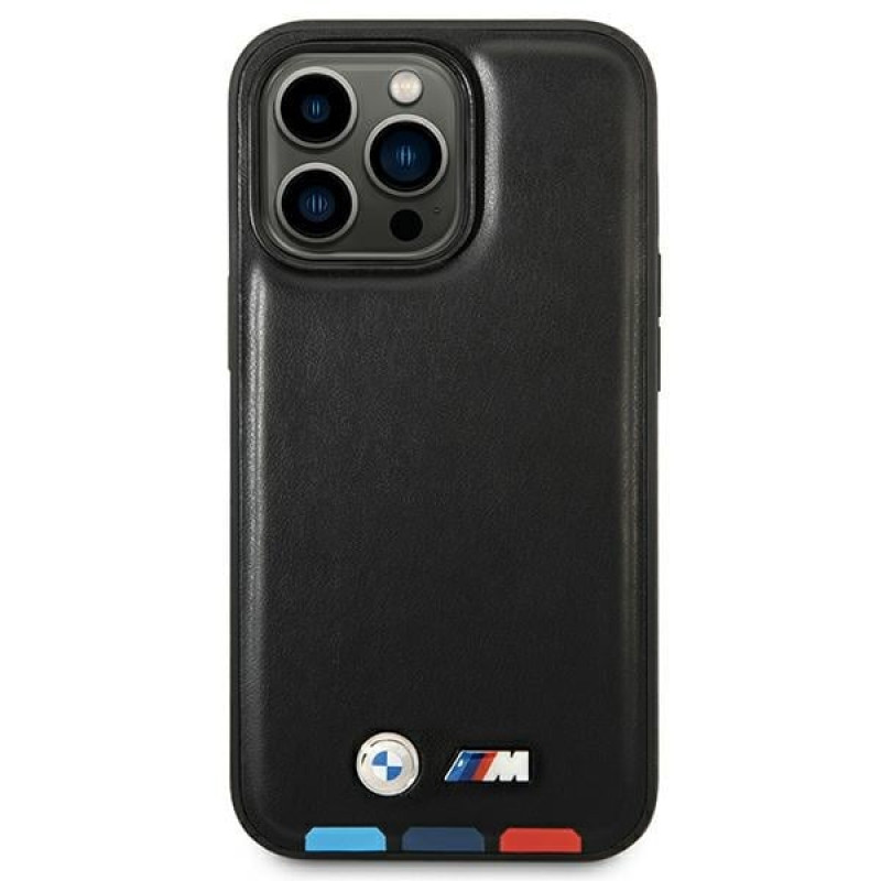 Capa BMW BMHMP14X22PTDK para Apple iPhone 14 Pro Max, Leather Stamp Tricolor MagSafe, preta