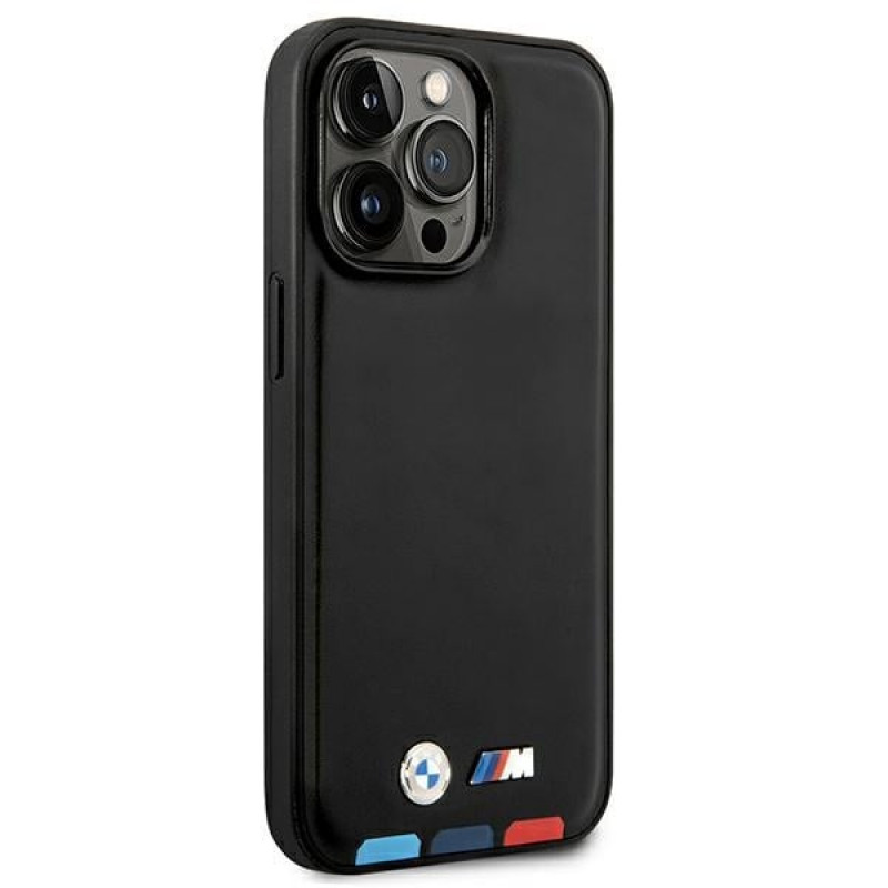 Capa BMW BMHMP14X22PTDK para Apple iPhone 14 Pro Max, Leather Stamp Tricolor MagSafe, preta