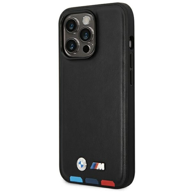 Capa BMW BMHMP14L22PTDK para Apple iPhone 14 Pro, Leather Stamp Tricolor MagSafe, preta
