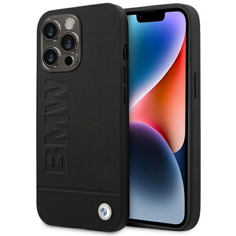 Capa BMW BMHCP14LSLLBK para Apple iPhone 14 Pro, Leather Stamp, preta