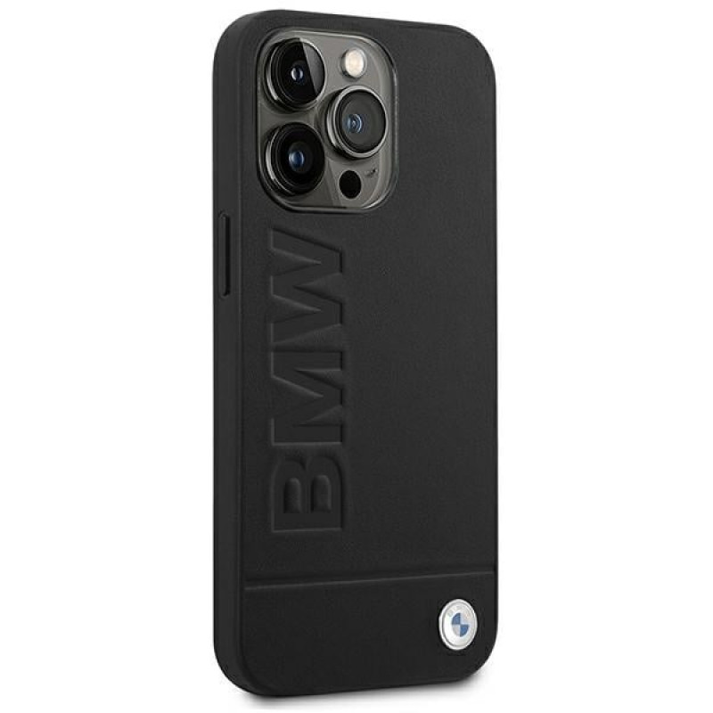 Capa BMW BMHCP14LSLLBK para Apple iPhone 14 Pro, Leather Stamp, preta