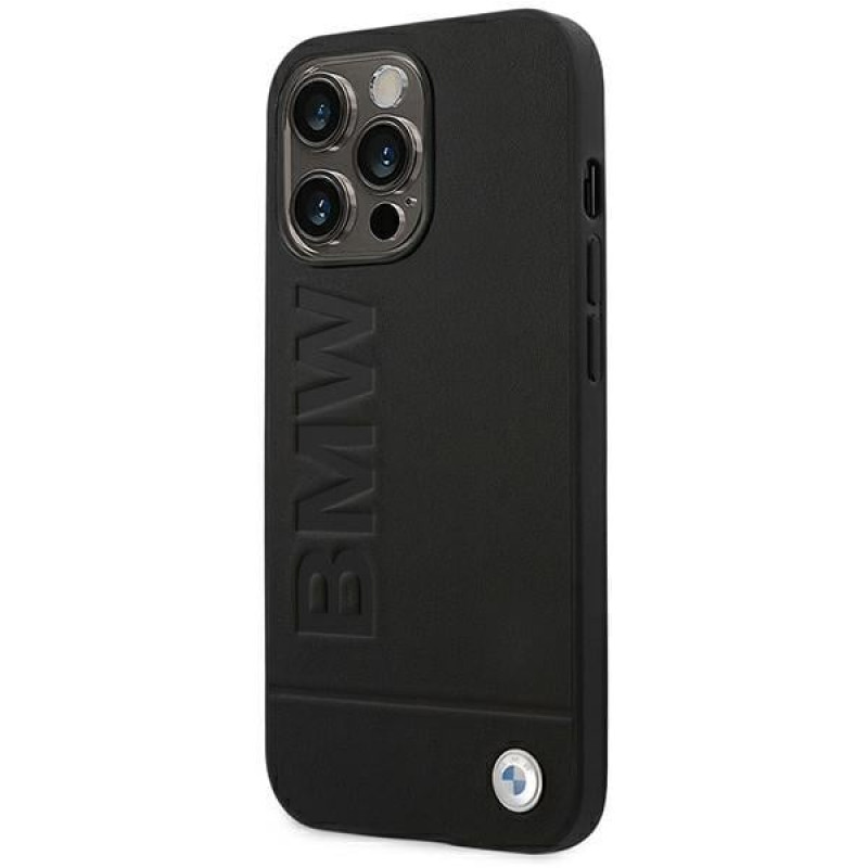 Capa BMW BMHCP14XSLLBK para Apple iPhone 14 Pro Max, Leather Stamp, preta