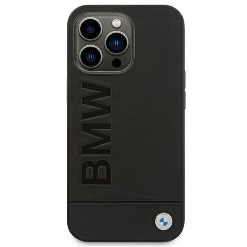 Capa BMW BMHCP14XSLLBK para Apple iPhone 14 Pro Max, Leather Stamp, preta