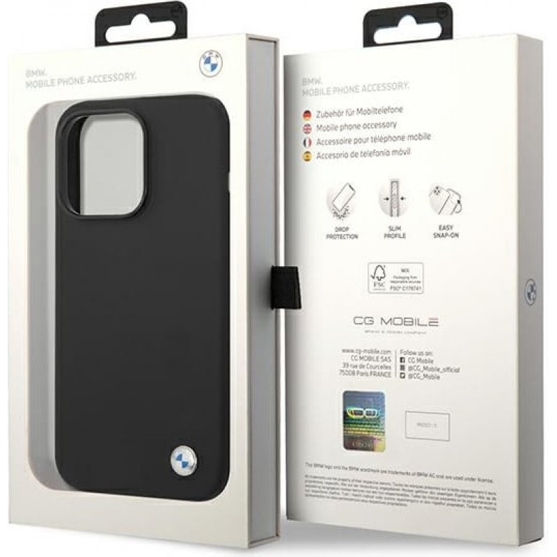 BMW BMHCP14XSILBK Capa rígida Silicone Metal Logo para Apple iPhone 14 Pro Max 6.7", preta