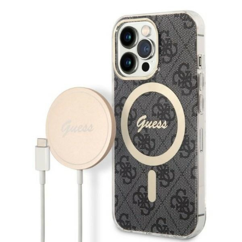 Conjunto Guess GUBPP13LH4EACSK capa + carregador sem fios para Apple iPhone 13 Pro, capa rígida preta 4G Print MagSafe