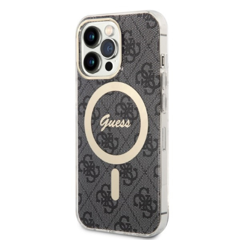 Conjunto Guess GUBPP13LH4EACSK capa + carregador sem fios para Apple iPhone 13 Pro, capa rígida preta 4G Print MagSafe