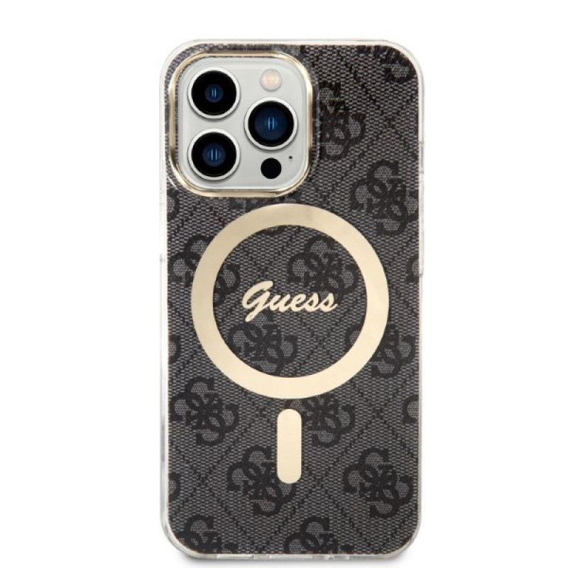 Conjunto Guess GUBPP13LH4EACSK capa + carregador sem fios para Apple iPhone 13 Pro, capa rígida preta 4G Print MagSafe