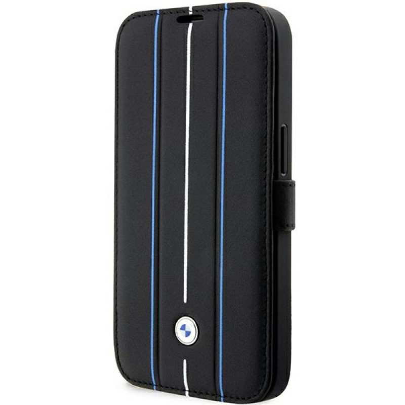 Capa tipo livro BMW BMBKP14L22RVSK Leather Stamp Blue Lines para Apple iPhone 14 Pro 6.1", preta