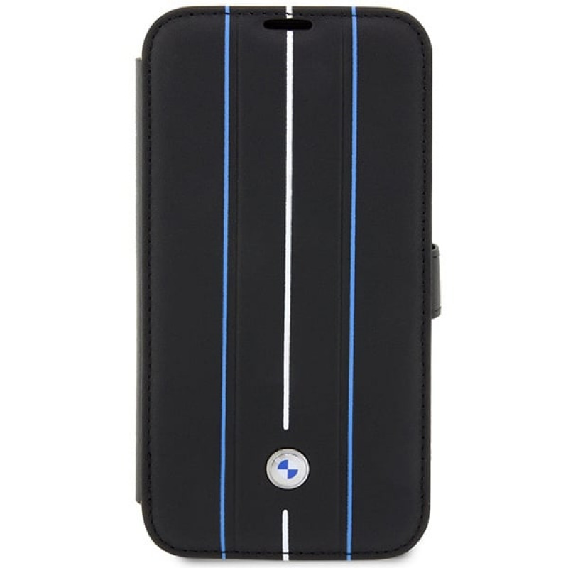 Capa tipo livro BMW BMBKP14L22RVSK Leather Stamp Blue Lines para Apple iPhone 14 Pro 6.1", preta