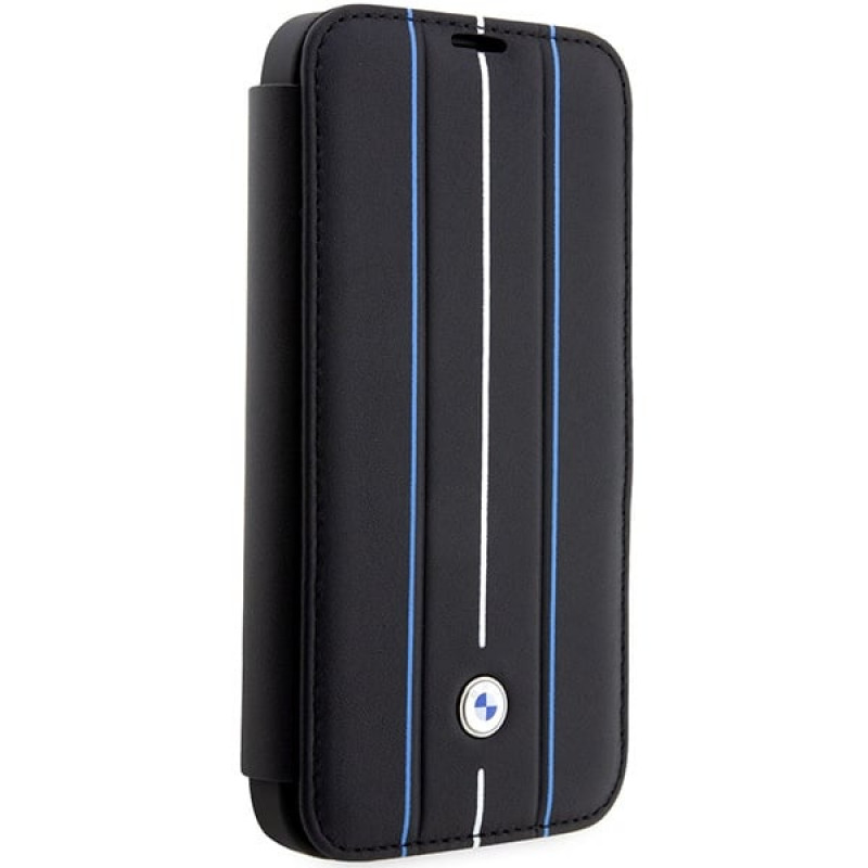Capa tipo livro BMW BMBKP14L22RVSK Leather Stamp Blue Lines para Apple iPhone 14 Pro 6.1", preta