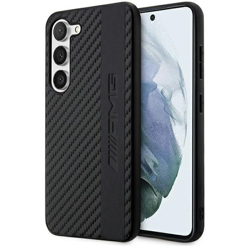 Capa rígida Mercedes-AMG AMHCS23SBLSCA Carbon Stripe & Embossed para Samsung Galaxy S23 (S911), preta