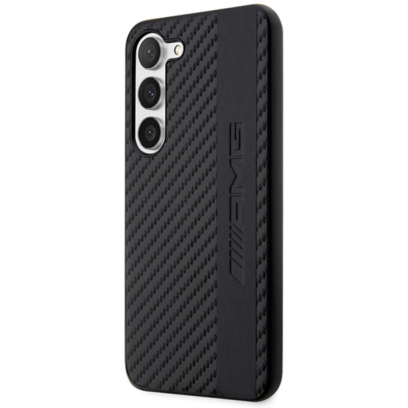 Capa rígida Mercedes-AMG AMHCS23SBLSCA Carbon Stripe & Embossed para Samsung Galaxy S23 (S911), preta