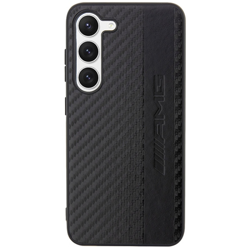 Capa rígida Mercedes-AMG AMHCS23SBLSCA Carbon Stripe & Embossed para Samsung Galaxy S23 (S911), preta