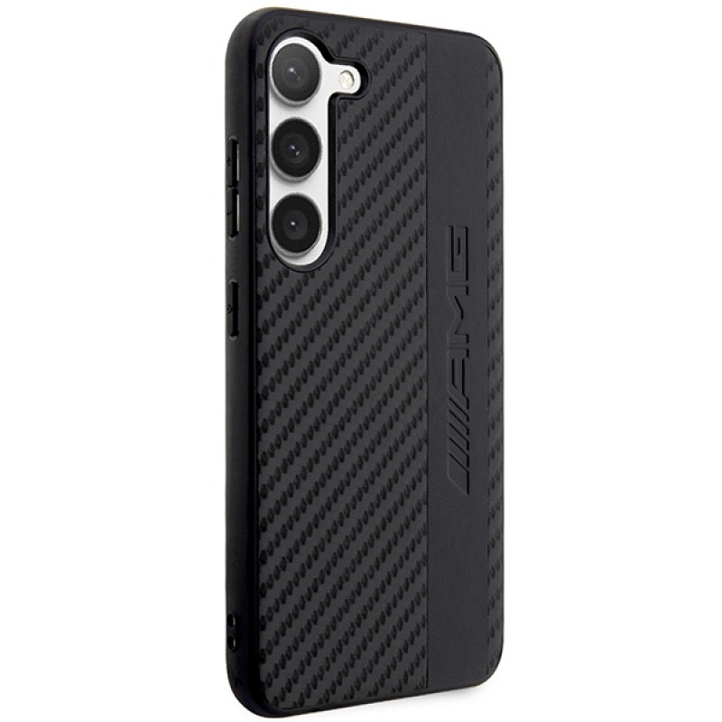 Capa rígida Mercedes-AMG AMHCS23SBLSCA Carbon Stripe & Embossed para Samsung Galaxy S23 (S911), preta