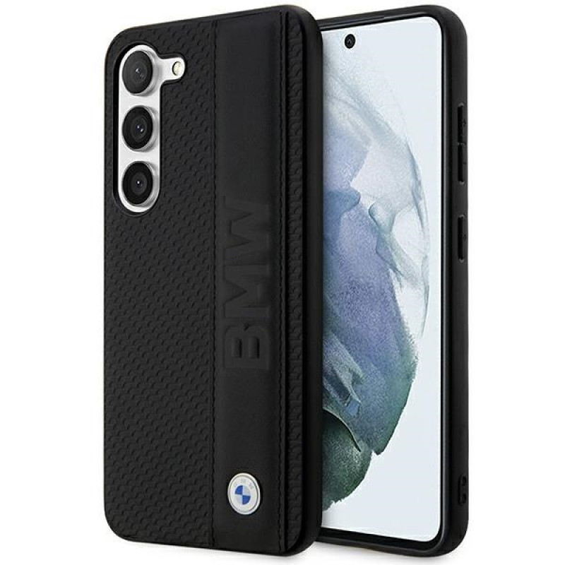 Capa rígida BMW BMHCS23M22RDPK Leather Textured & Stripe para Samsung Galaxy S23+ (S916), preta