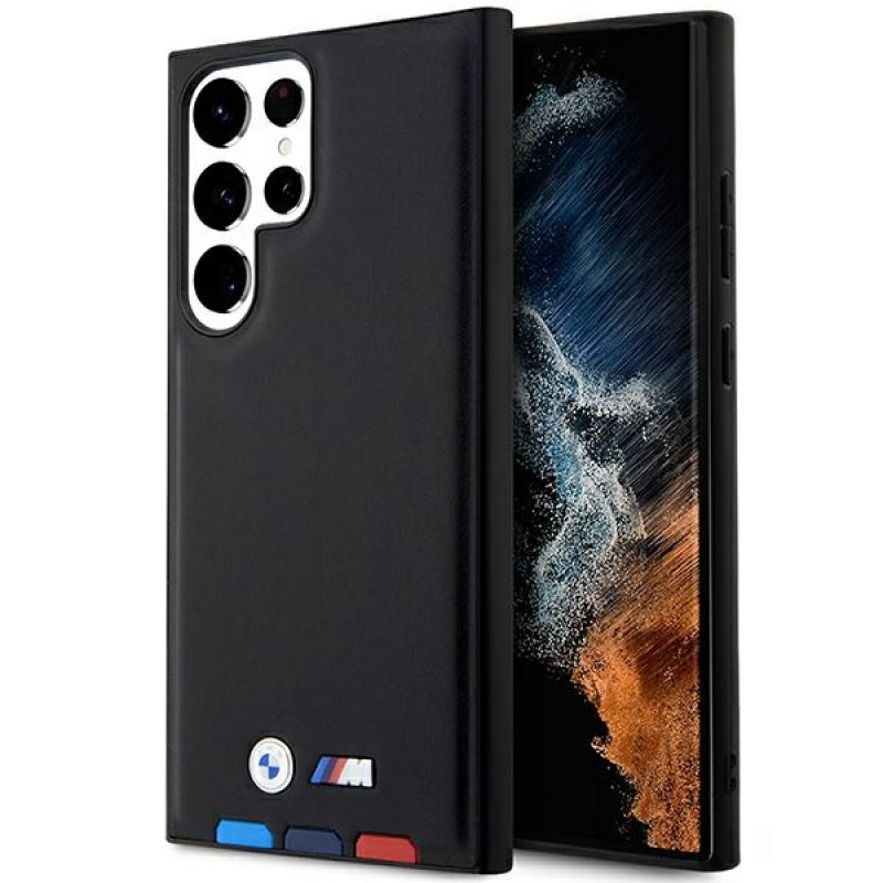 Capa rígida BMW BMHCS23L22PTDK Leather Stamp Tricolor para Samsung Galaxy S23 Ultra (S918), preta