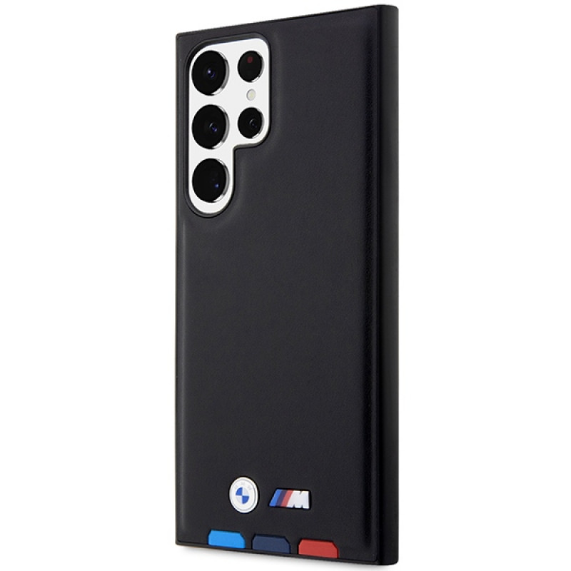 Capa rígida BMW BMHCS23L22PTDK Leather Stamp Tricolor para Samsung Galaxy S23 Ultra (S918), preta