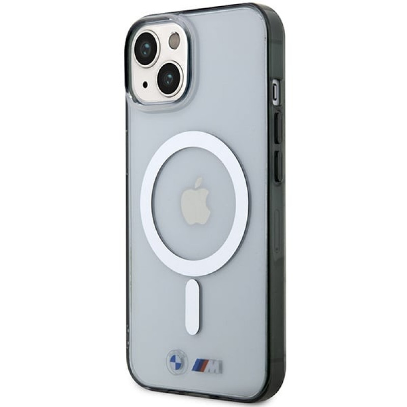 Capa rígida BMW BMHMP14MHCRS Silver Ring MagSafe para Apple iPhone 14 Plus / 15 Plus, transparente