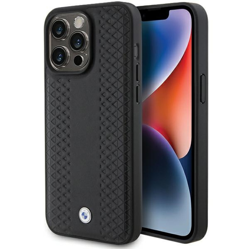 Capa BMW BMHCP15X22RFGK Leather Diamond Pattern para Apple iPhone 15 Pro Max, preta
