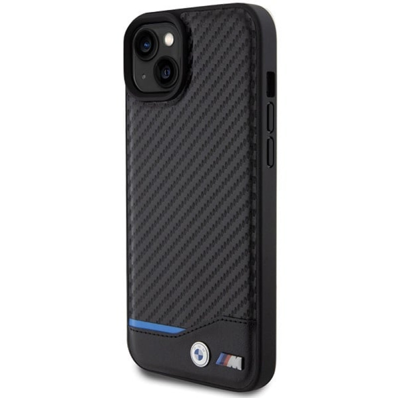 Capa rígida BMW BMHCP15M22NBCK Leather Carbon para Apple iPhone 15 Plus / 14 Plus, preta