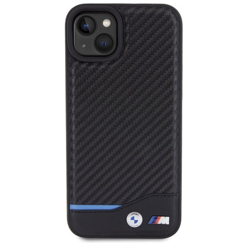 Capa rígida BMW BMHCP15M22NBCK Leather Carbon para Apple iPhone 15 Plus / 14 Plus, preta