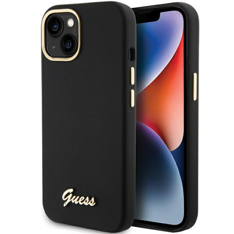Capa rígida Guess GUHCP15SSMBSLK Silicone Script Metal Logo & Frame para Apple iPhone 15 / 14 / 13, preta