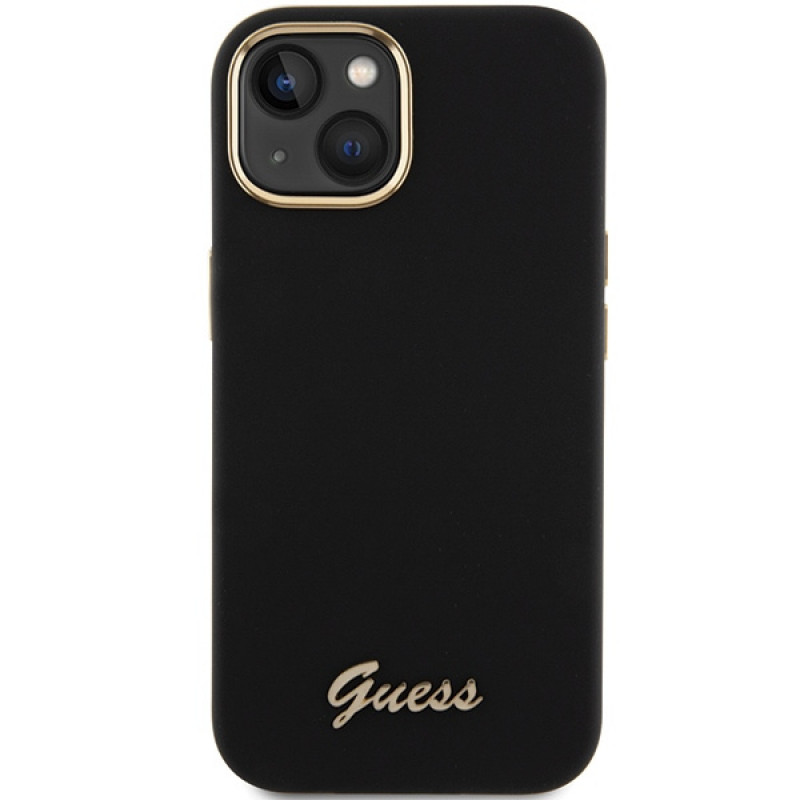 Capa rígida Guess GUHCP15SSMBSLK Silicone Script Metal Logo & Frame para Apple iPhone 15 / 14 / 13, preta