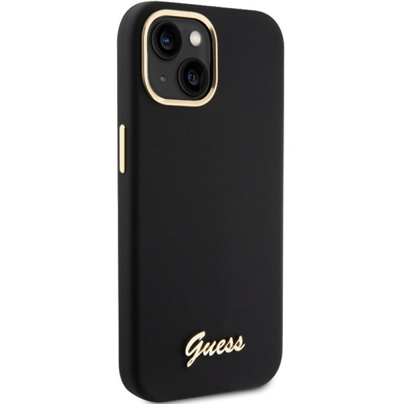 Capa rígida Guess GUHCP15SSMBSLK Silicone Script Metal Logo & Frame para Apple iPhone 15 / 14 / 13, preta