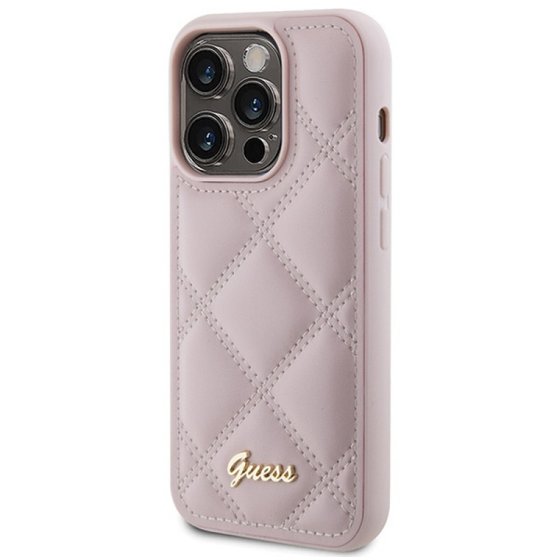 Guess GUHCP15LPSQSQSP Capa rígida Quilted Metal Logo para Apple iPhone 15 Pro, rosa