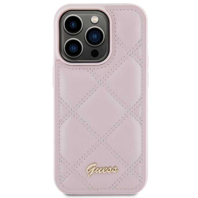 Guess GUHCP15LPSQSQSP Capa rígida Quilted Metal Logo para Apple iPhone 15 Pro, rosa