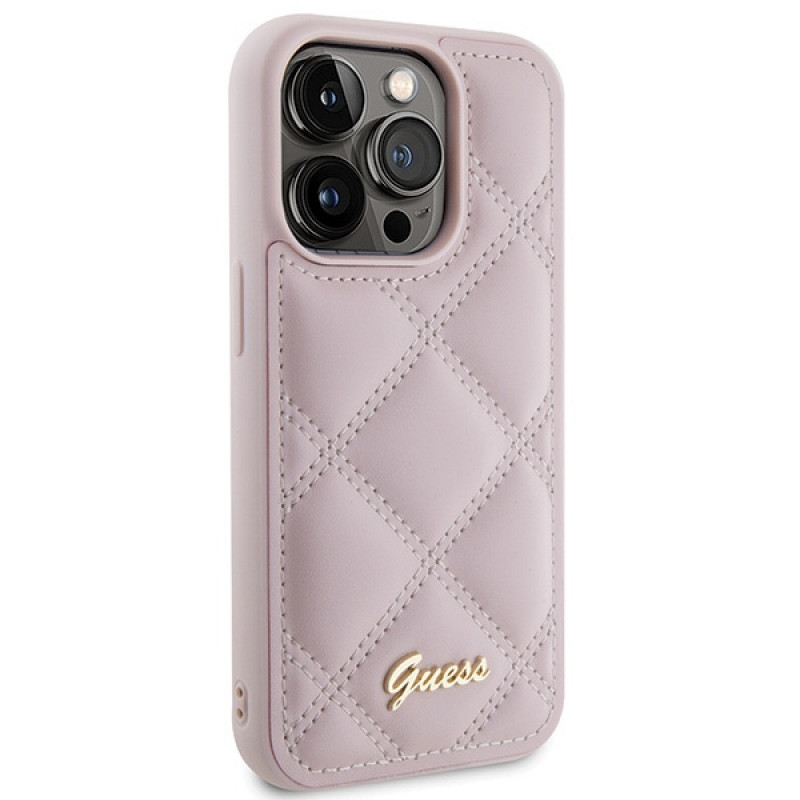 Guess GUHCP15LPSQSQSP Capa rígida Quilted Metal Logo para Apple iPhone 15 Pro, rosa